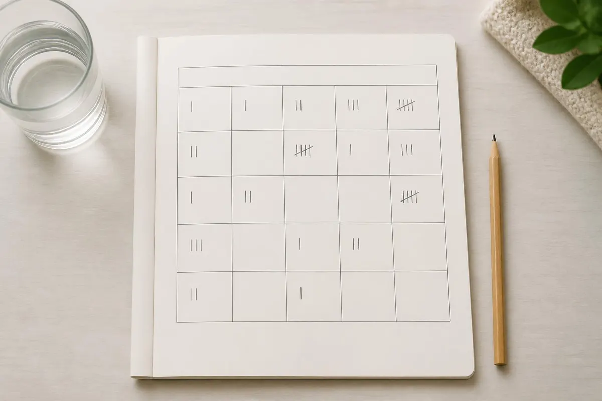 A blank paper headache diary with a simple monthly grid, tally marks, a pencil, and a glass of water on a desk